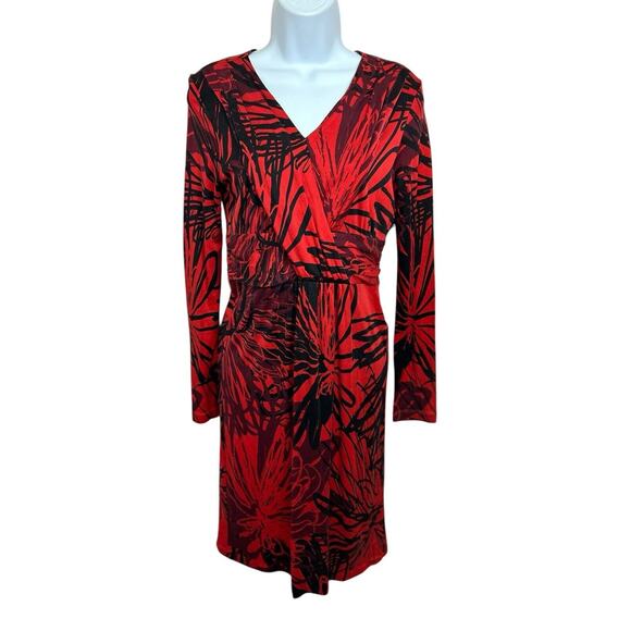 HUGO BOSS Red Black Print Knit Dress Sz Small Long-Sleeve Faux Wrap Knee Length - Picture 7 of 7